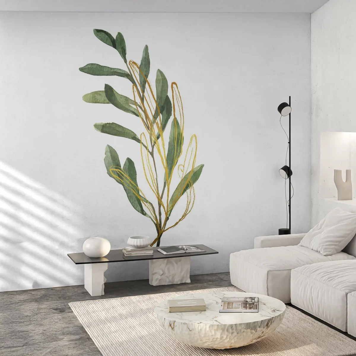 Fototapeta Premium Sand - Akwarelowa gałązka z zielonymi liśćmi i złotym akcentem - 100x70cm - Wszystko co dobre - Nowoczesna dekoracja ścienna do salonu, kuchni i sypialni ARTTOR