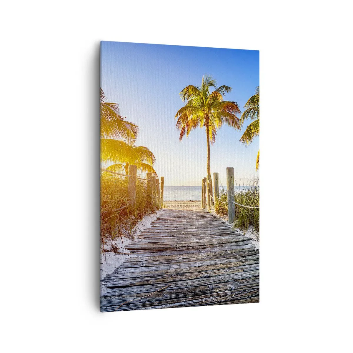 Obraz na płótnie - Drewniana ścieżka na plaży z palmami w tle - 80x120cm - Prosto do raju - Nowoczesna dekoracja ścienna do salonu i sypialni ARTTOR
