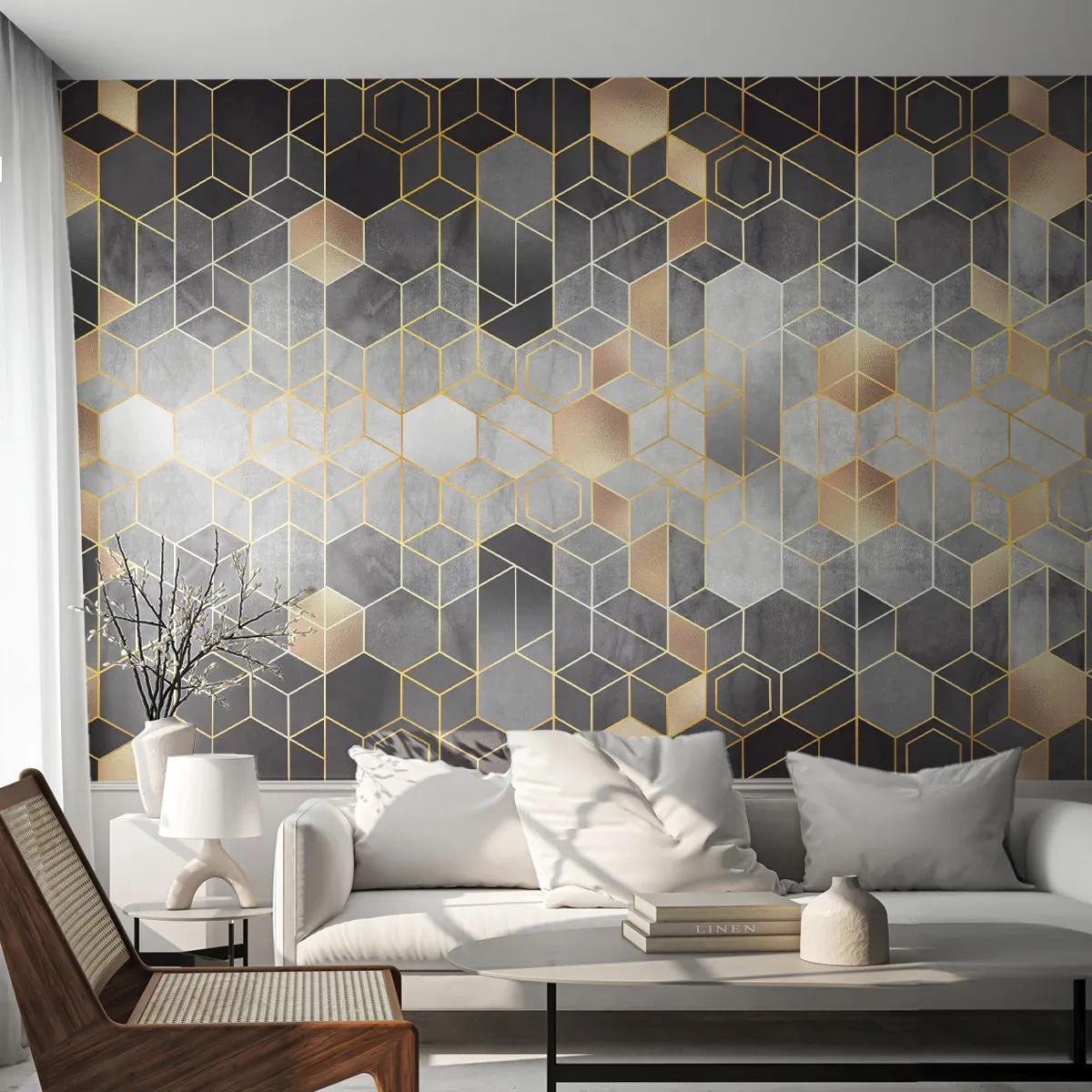 Fototapeta Premium Sand - Złote geometryczne wzory na ciemnym tle - 100x70cm - Diamentowa kompozycja - Nowoczesna dekoracja ścienna do salonu, kuchni i sypialni ARTTOR