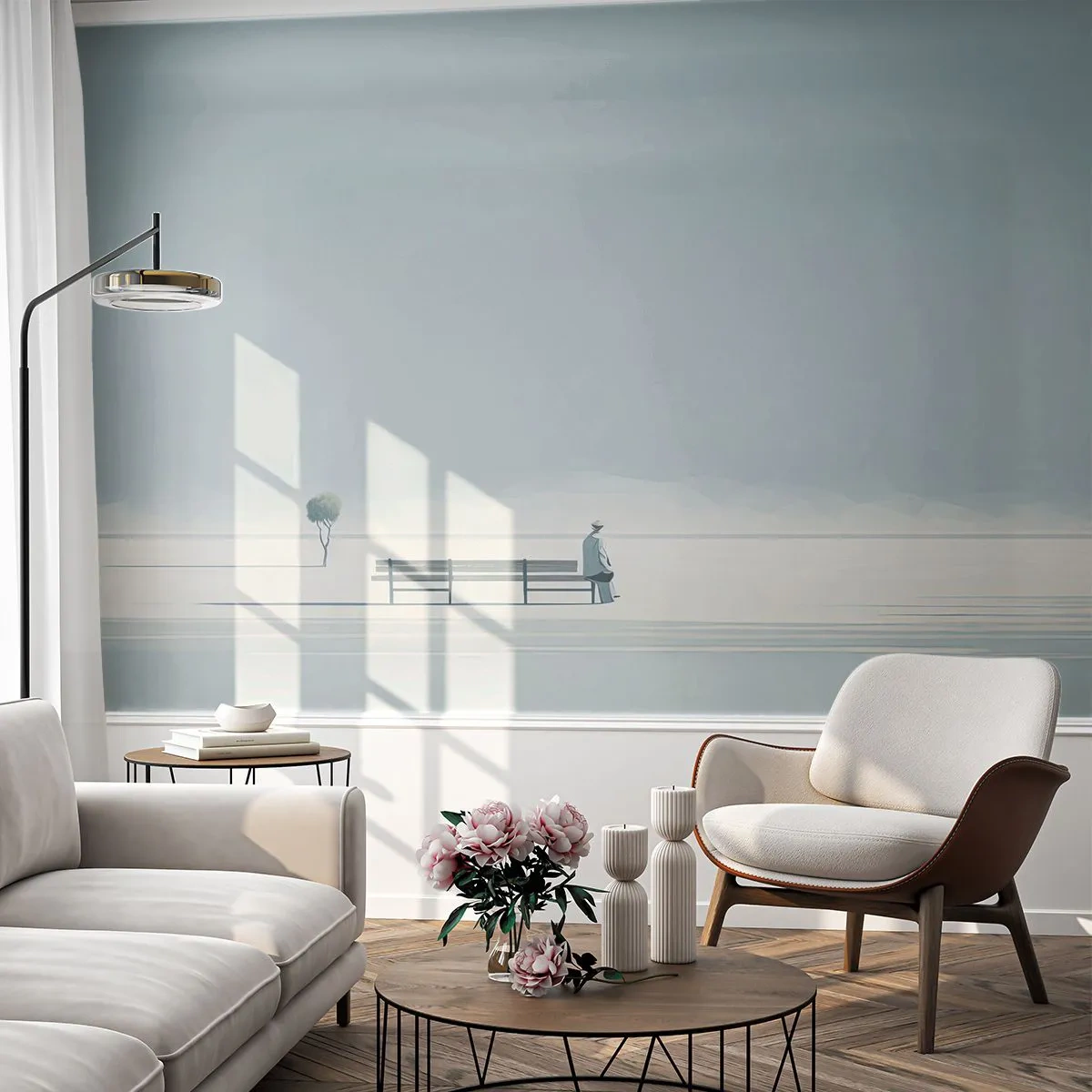 Fototapeta Premium Sand - Minimalistyczna postać siedząca na ławce w pustym pejzażu - 100x70cm - Tak, czekam. - Nowoczesna dekoracja ścienna do salonu, kuchni i sypialni ARTTOR