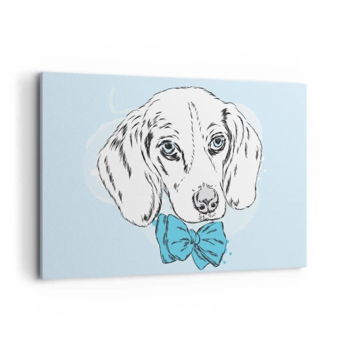 Obraz na płótnie - Urocza grafika psa z muszką na pastelowym tle - 120x80cm - Psia elegancja - Nowoczesna dekoracja ścienna do salonu, kuchni i sypialni ARTTOR