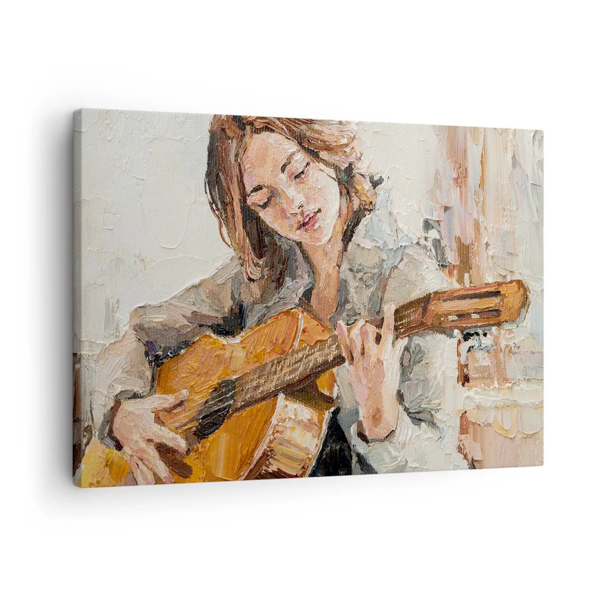 Obraz na płótnie - Portret dziewczyny grającej na gitarze w malarskim stylu z ciepłymi barwami - 70x50cm - Koncert na gitarę i dziewczęce serce - Nowoczesna dekoracja ścienna do salonu i sypialni ARTTOR