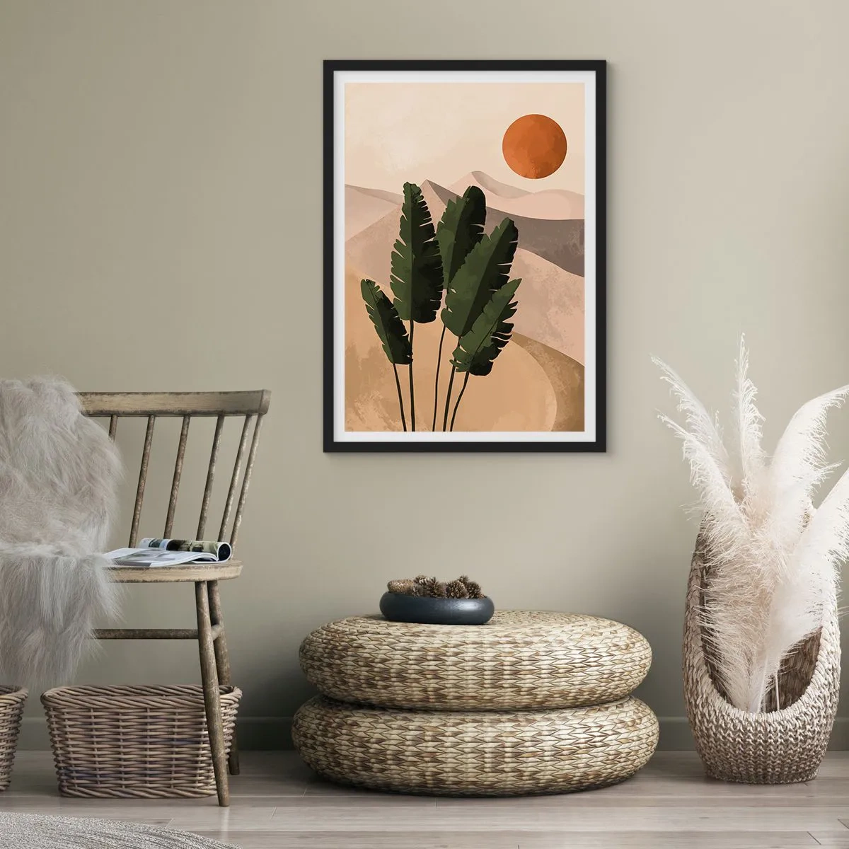 Plakat w czarnej ramie - Rośliny w pustynnej scenerii z zachodzącym słońcem, abstrakcyjny krajobraz - 50x70cm - Triumf życia - Nowoczesna dekoracja ścienna do salonu i sypialni ARTTOR