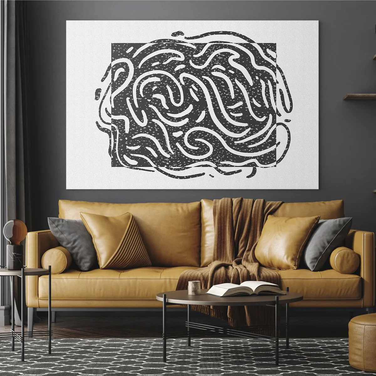 Obraz na szkle - Dynamiczne abstrakcyjne linie i kropki tworzące energetyczną formę - 70x50cm - Abstrakcja: taniec radości - Nowoczesna dekoracja ścienna do salonu i sypialni ARTTOR