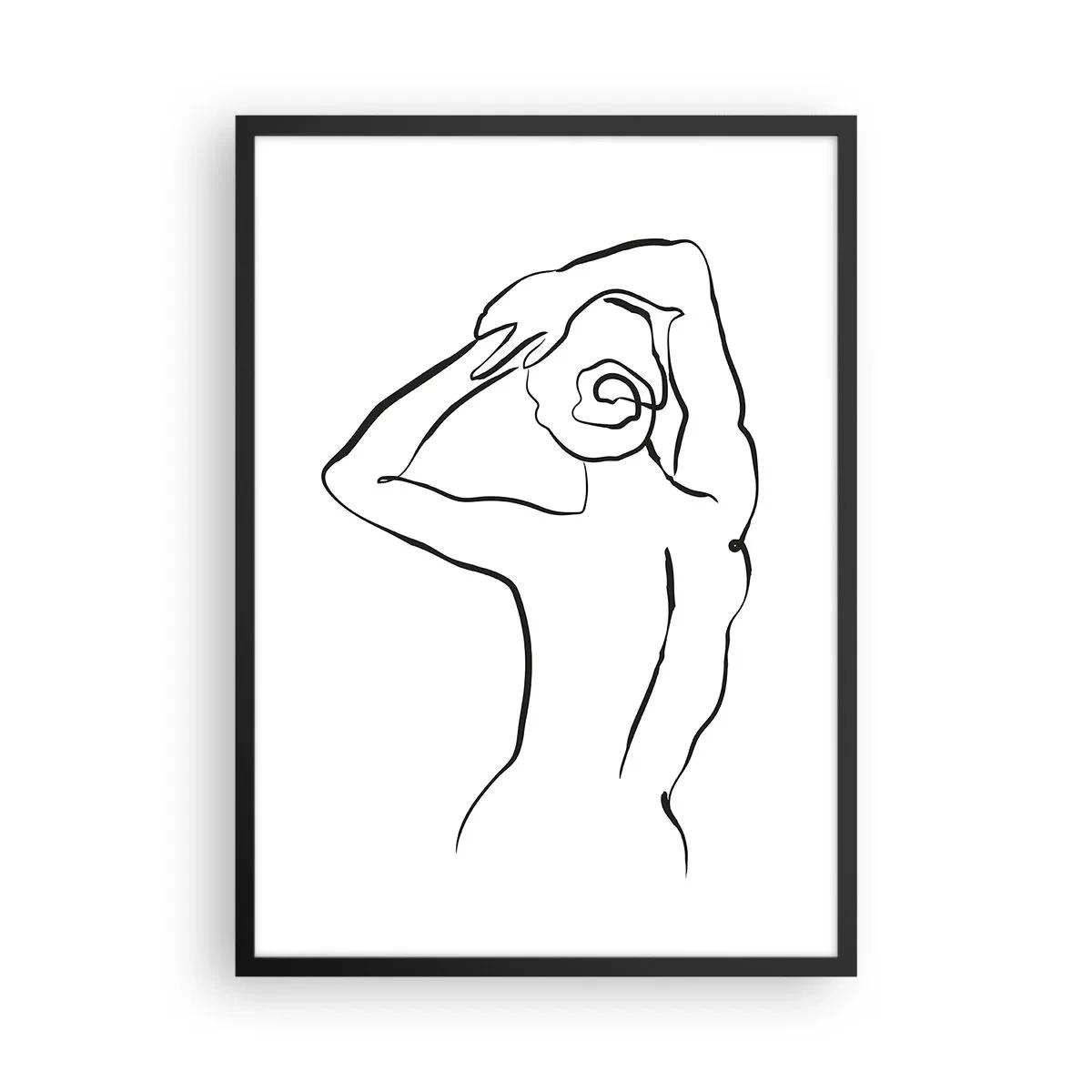 Plakat w czarnej ramie - Minimalistyczna linia sylwetki kobiety z rękami nad głową - 50x70cm - Akt o poranku - Nowoczesna dekoracja ścienna do salonu i sypialni ARTTOR