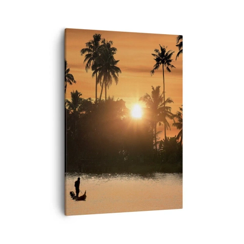 Obraz na płótnie - Zachód słońca nad tropikalnym jeziorem z sylwetką rybaka w łodzi - 50x70cm - Czas na odpoczynek - Nowoczesna dekoracja ścienna do salonu, kuchni i sypialni ARTTOR