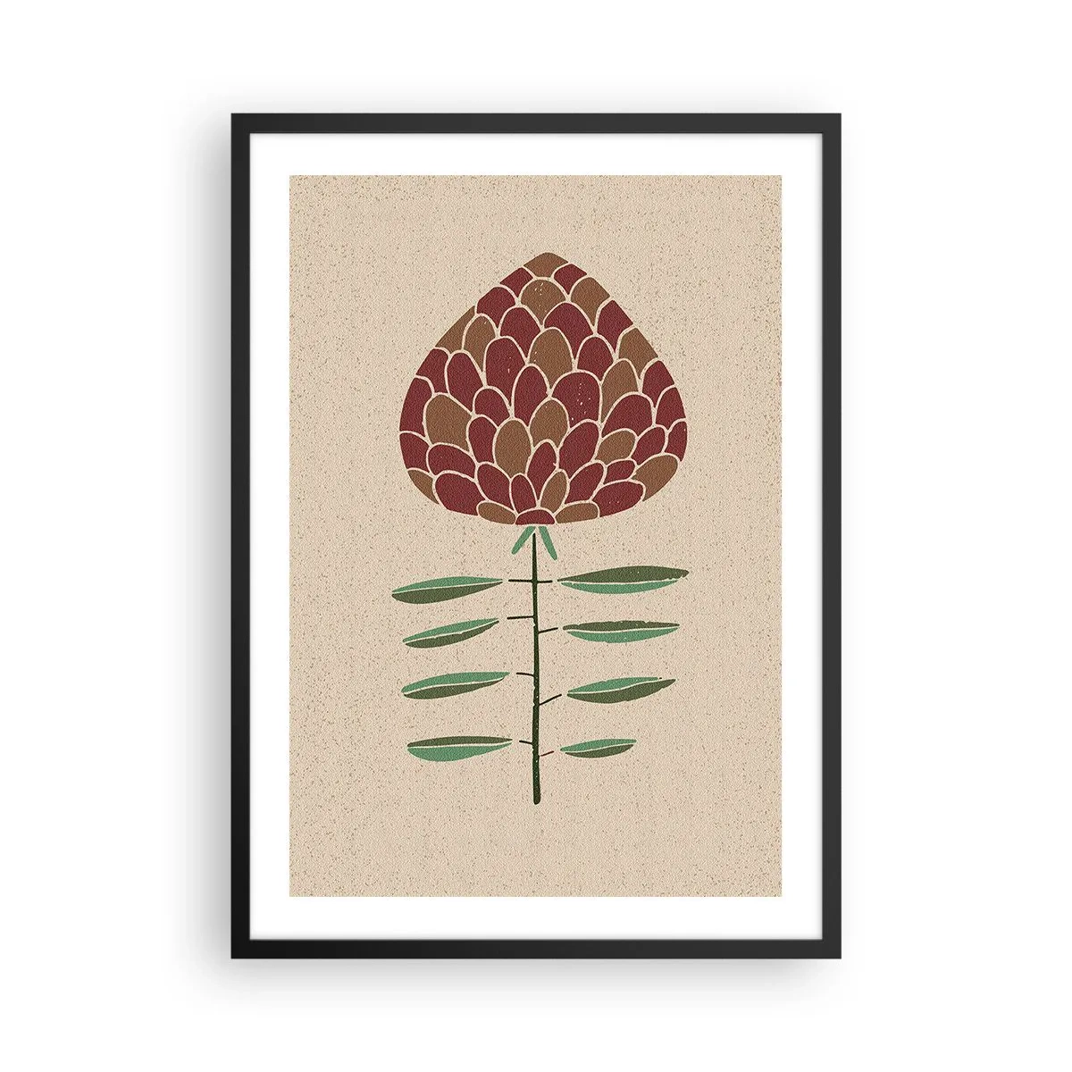 Plakat w czarnej ramie - Abstrakcyjny kwiat w ciepłych barwach na beżowym tle - 50x70cm - Jak wielka szycha - Nowoczesna dekoracja ścienna do salonu i sypialni ARTTOR
