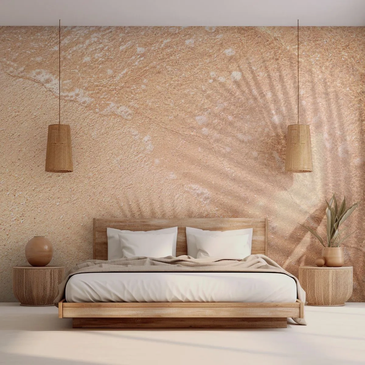 Fototapeta Premium Sand - Cień palm na złocistym piasku nad brzegiem morza - 100x70cm - Cień gorącego lata - Nowoczesna dekoracja ścienna do salonu, kuchni i sypialni ARTTOR