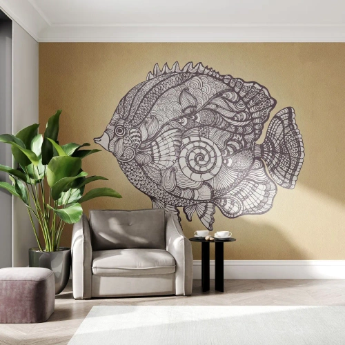 Fototapeta Premium Sand - Ornamentowa ryba na złotym tle w stylu zentangle - 100x70cm - Z oceanu ornamentów - Nowoczesna dekoracja ścienna do salonu, kuchni i sypialni ARTTOR