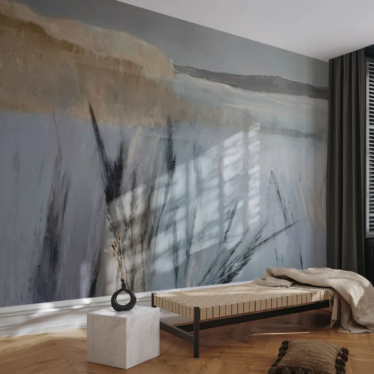 Fototapeta Premium Sand - Malarskie zimowe pola z trawami na tle pastelowego nieba - 100x70cm - Zimowe pola - Nowoczesna dekoracja ścienna do salonu, kuchni i sypialni ARTTOR