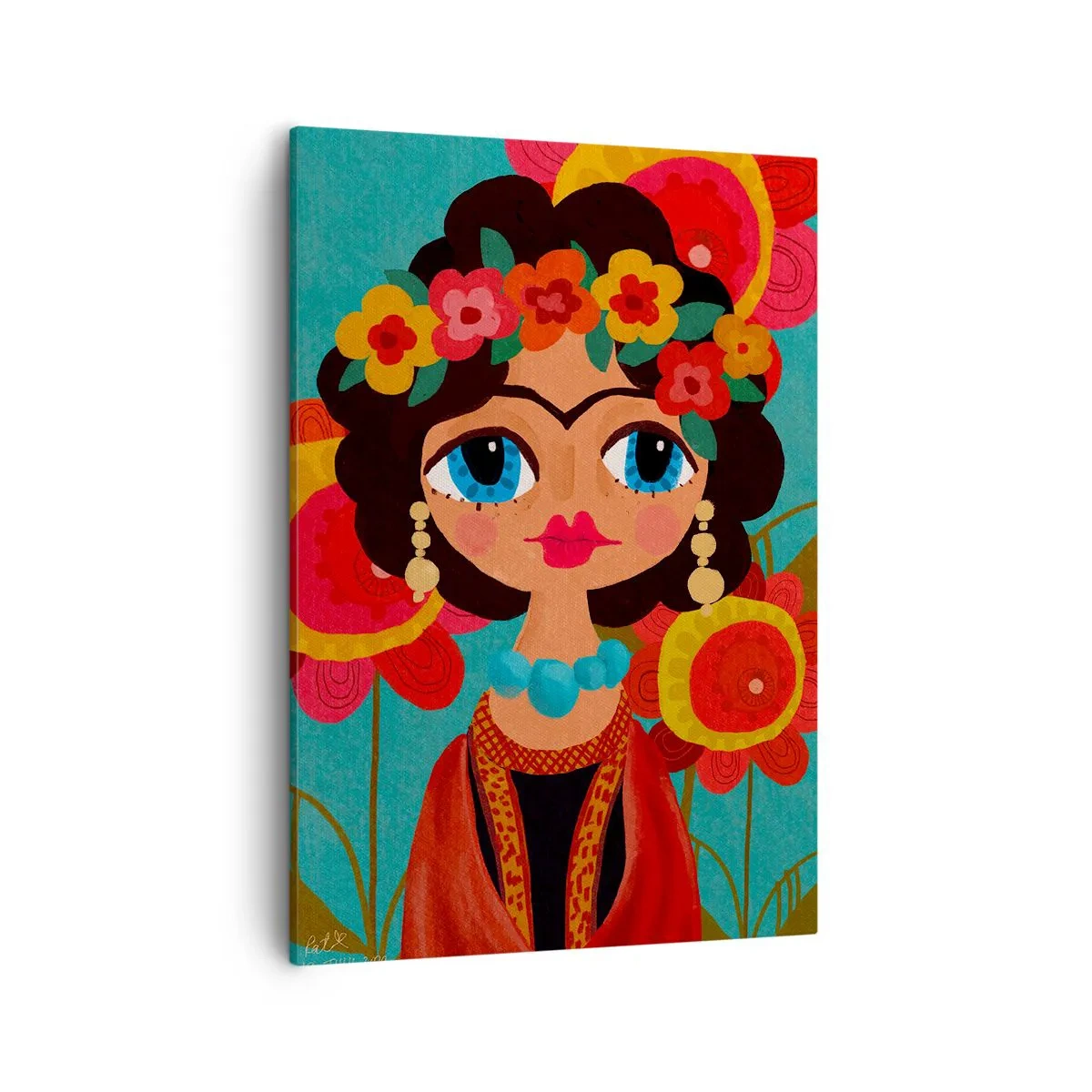 Obraz na płótnie - Kolorowy portret kobiety z kwiatową koroną na tle wzorzystych kwiatów - 50x70cm - Makowa panienka - Nowoczesna dekoracja ścienna do salonu, kuchni i sypialni ARTTOR