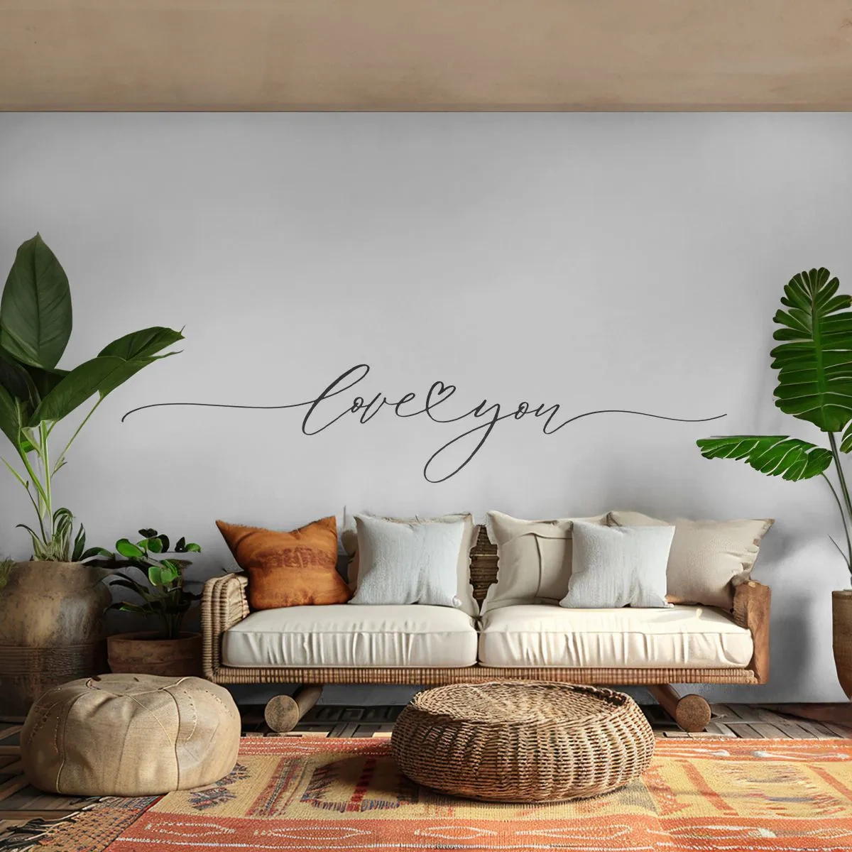 Fototapeta Premium Sand - Minimalistyczny napis 'love you' w eleganckiej kaligrafii - 100x70cm - Czarno na białym - Nowoczesna dekoracja ścienna do salonu, kuchni i sypialni ARTTOR