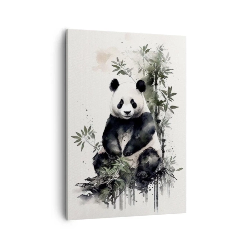 Obraz na płótnie - Urocza panda siedząca wśród bambusowych liści w akwarelowym stylu - 50x70cm - Pozdrowienia z Chin - Nowoczesna dekoracja ścienna do salonu, kuchni i sypialni ARTTOR