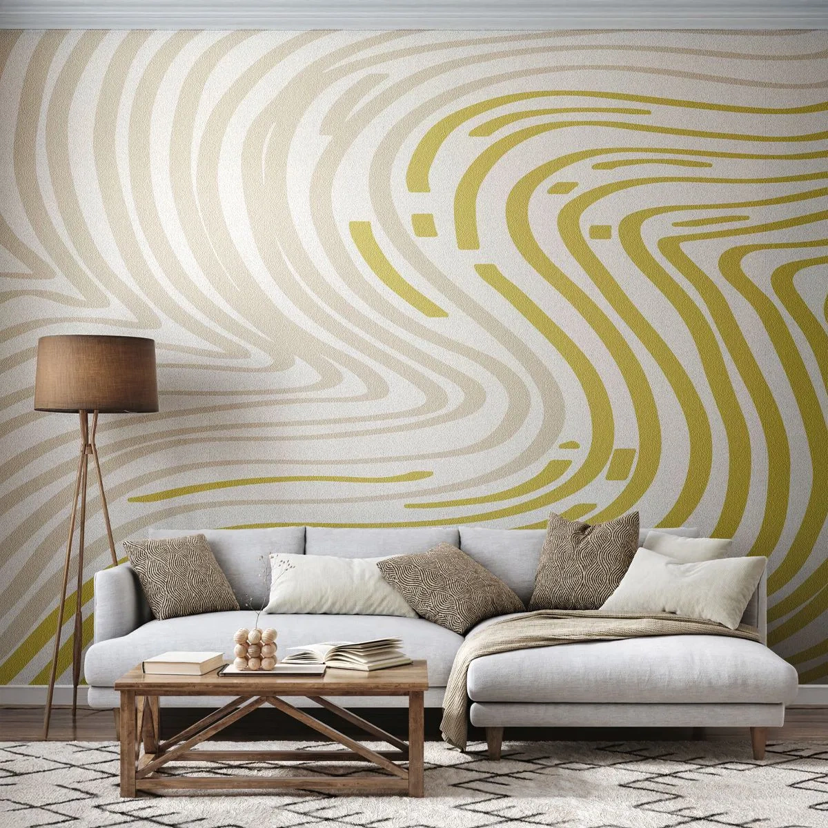 Fototapeta Premium Sand - Żółto-beżowe linie falujące na białym tle w stylu abstrakcyjnym - 100x70cm - Kompozycja z łagodnym ugięciem - Nowoczesna dekoracja ścienna do salonu, kuchni i sypialni ARTTOR