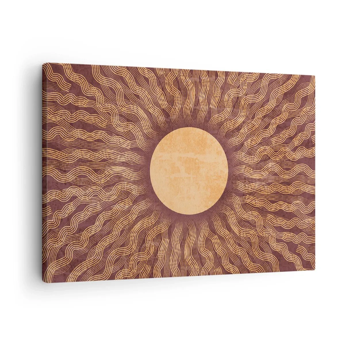 Obraz na płótnie - Słoneczny wzór z promieniami na tle w odcieniach brązu - 70x50cm - Ikona słońca - Nowoczesna dekoracja ścienna do salonu i sypialni ARTTOR