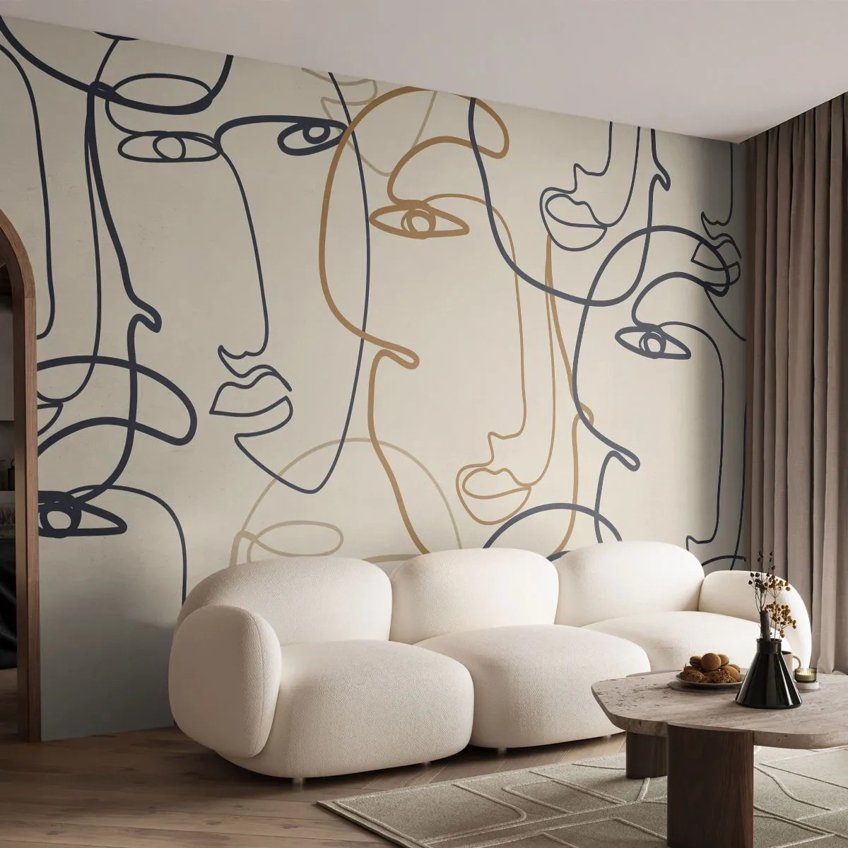 Fototapeta Premium Sand - Konturowe twarze narysowane jedną linią - 100x70cm - Portret zwielokrotniony - Nowoczesna dekoracja ścienna do salonu, kuchni i sypialni ARTTOR