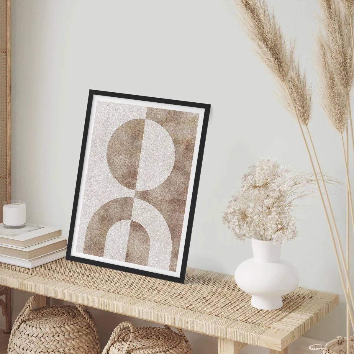 Plakat w czarnej ramie - Geometryczna abstrakcja w ciepłych beżowych odcieniach - 50x70cm - Podobieństwa i różnice - Nowoczesna dekoracja ścienna do salonu i sypialni ARTTOR