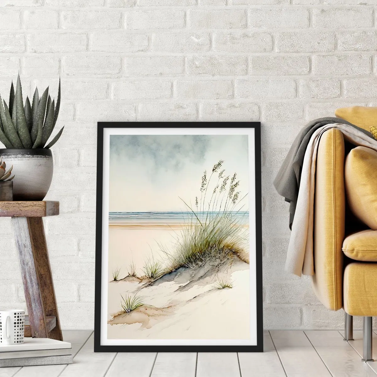 Plakat w czarnej ramie - Wypieszczone przez wiatr - trawy na wydmach przy plaży - 50x70cm - Wypieszczone przez wiatr - Nowoczesna dekoracja ścienna do salonu i sypialni ARTTOR