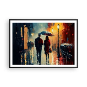 Plakat w czarnej ramie - Spacer w deszczu pod parasolem w mieście nocą - 100x70cm - Miejska love story - Nowoczesna dekoracja ścienna do salonu i sypialni ARTTOR