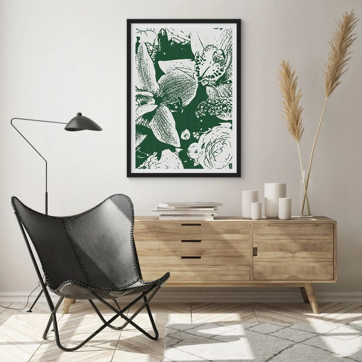 Plakat w czarnej ramie - Botaniczna ilustracja kwiatów i liści w kontrastowych barwach - 50x70cm - Bukiet - świat zieleni - Nowoczesna dekoracja ścienna do salonu i sypialni ARTTOR