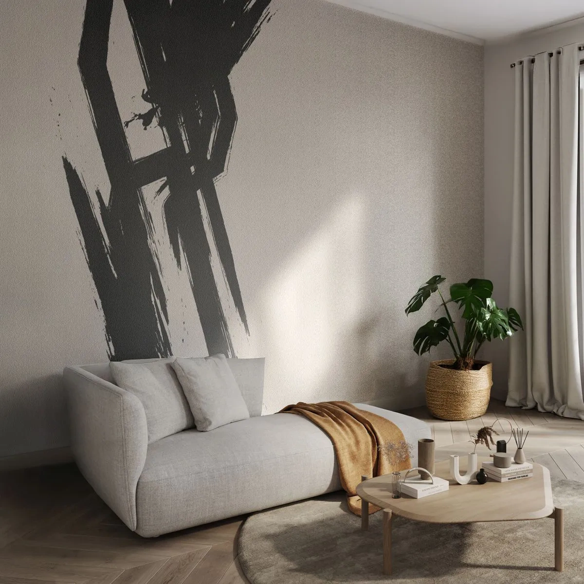 Fototapeta Premium Sand - Dynamiczny czarny pędzel na beżowym tle - 100x70cm - Niepohamowany pęd - Nowoczesna dekoracja ścienna do salonu, kuchni i sypialni ARTTOR