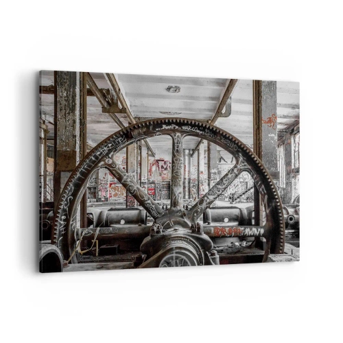Obraz na płótnie - Stary mechanizm w opuszczonym industrialnym wnętrzu - 100x70cm - Sekretne życie fabryki - Nowoczesna dekoracja ścienna do salonu, kuchni i sypialni ARTTOR