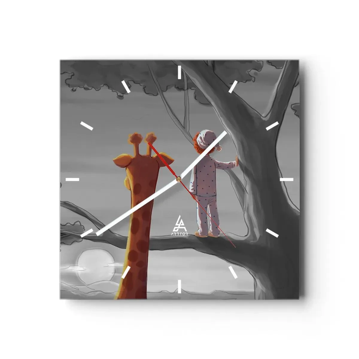 Zegar ścienny - Dziecko i żyrafa na gałęzi drzewa w bajkowym krajobrazie - 30x30cm - To się naprawdę dzieje - Nowoczesna dekoracja ścienna do salonu i sypialni ARTTOR