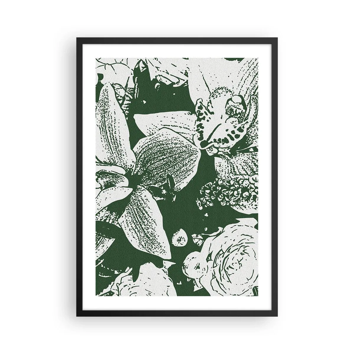 Plakat w czarnej ramie - Botaniczna ilustracja kwiatów i liści w kontrastowych barwach - 50x70cm - Bukiet - świat zieleni - Nowoczesna dekoracja ścienna do salonu i sypialni ARTTOR