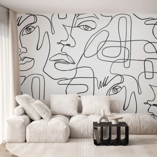 Fototapeta Premium Sand - Czarne kontury twarzy narysowane jednym ciągłym pociągnięciem - 100x70cm - W splątanych emocjach - Nowoczesna dekoracja ścienna do salonu, kuchni i sypialni ARTTOR