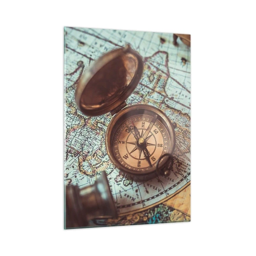 Obraz na szkle - Zabytkowy kompas na tle mapy i antycznych kluczy - 50x70cm - Dla poszukiwacza przygód - Nowoczesna dekoracja ścienna do salonu, kuchni i sypialni ARTTOR