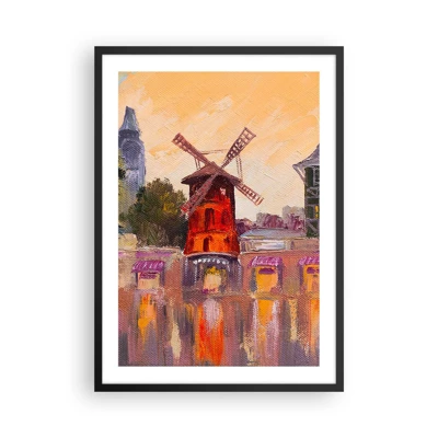 Plakat w czarnej ramie - Paryskie ikony – Moulin Rouge - Malarska interpretacja słynnego wiatraka na tle miasta - 50x70cm