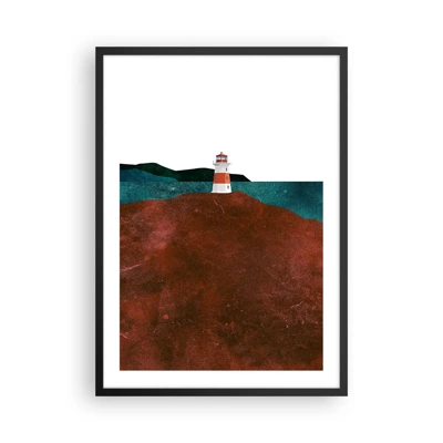 Plakat w czarnej ramie - Wpatrzona w morze - Minimalistyczny pejzaż z latarnią morską na wzgórzu - 50x70cm