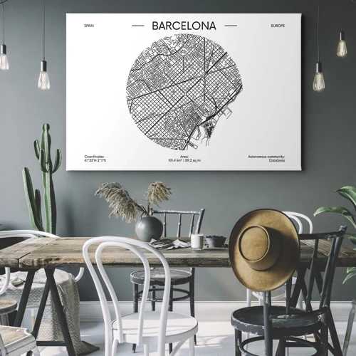 Obraz na płótnie - Anatomia Barcelony - Mapa Barcelony w minimalistycznym, czarno-białym stylu - 70x50cm