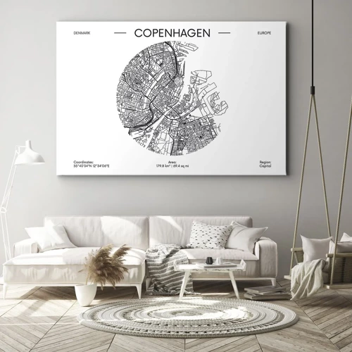 Obraz na płótnie - Anatomia Kopenhagi - Mapa Kopenhagi w minimalistycznym, czarno-białym stylu - 70x50cm