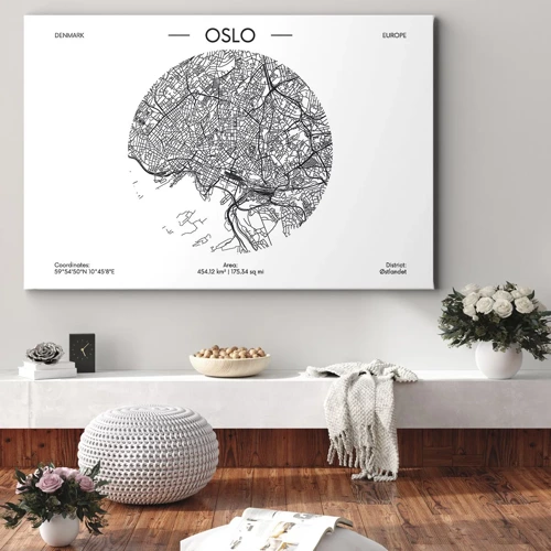 Obraz na płótnie - Anatomia Oslo - Mapa Oslo w minimalistycznym, czarno-białym stylu - 70x50cm