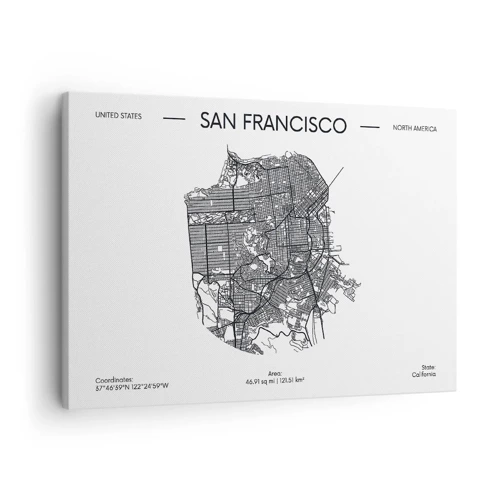 Obraz na płótnie - Anatomia San Francisco - Mapa San Francisco w czarno-białym stylu minimalistycznym - 70x50cm