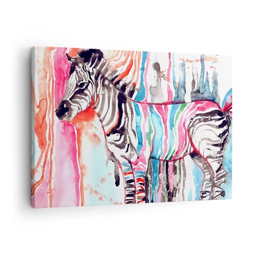 Obraz na płótnie - Beztroski żart natury - Kolorowa zebra na tle abstrakcyjnych akwarelowych wzorów - 70x50cm