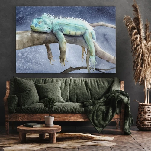 Obraz na płótnie - Jest dobrze! - Błękitna iguana odpoczywająca na gałęzi - 70x50cm