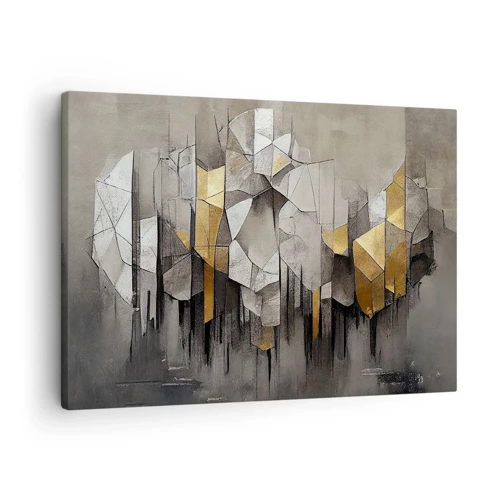 Obraz na płótnie - Kompozycja z lodu i światła - Geometryczna abstrakcja w odcieniach złota i szarości - 70x50cm