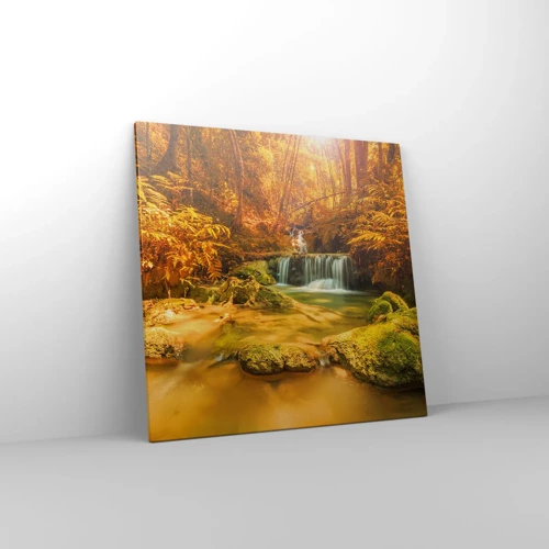 Obraz na płótnie - Leśna kaskada w złocie - 70x70 cm