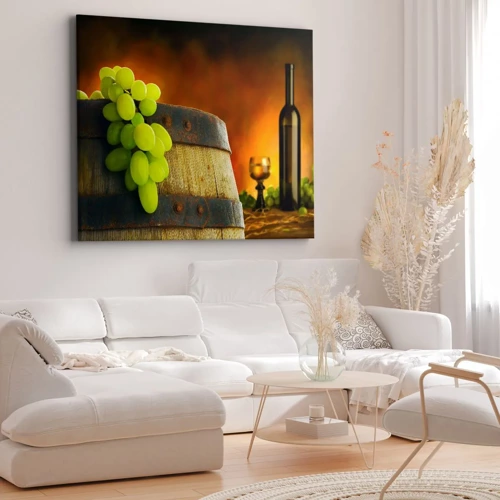 Obraz na płótnie - Martwa natura z butelką wina i kiścią winogron - 70x50 cm