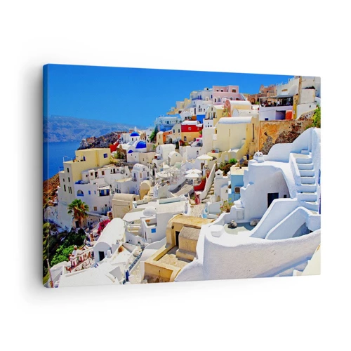 Obraz na płótnie - Marzenie o greckim lecie - Panorama Santorini z białymi domami i błękitnym niebem - 70x50cm