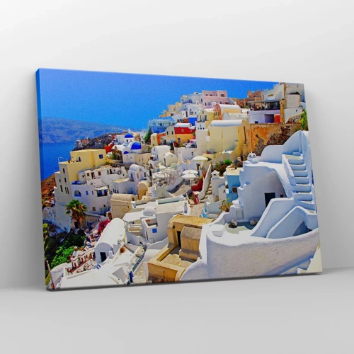 Obraz na płótnie - Marzenie o greckim lecie - Panorama Santorini z białymi domami i błękitnym niebem - 70x50cm