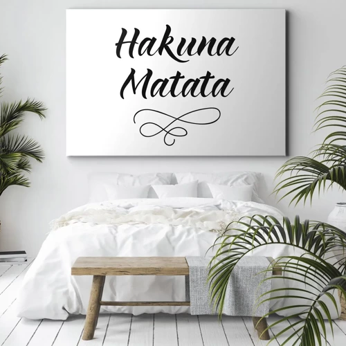 Obraz na płótnie - Najlepsza rada - Cytat Hakuna Matata w eleganckiej czcionce na białym tle - 70x50cm