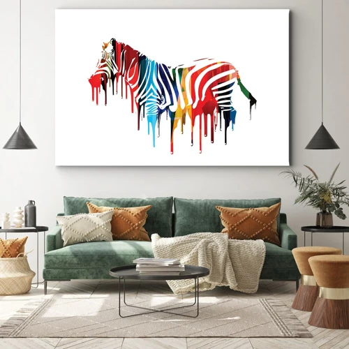 Obraz na płótnie - Nie tylko czarno-biały - Abstrakcyjna zebra w kolorowych barwach z efektem farby - 70x50cm