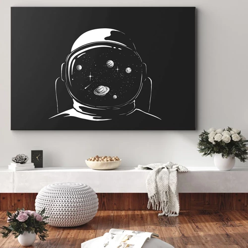 Obraz na płótnie - Niezły widok - Astronautyczny hełm z widokiem na kosmos w minimalistycznym stylu - 70x50cm