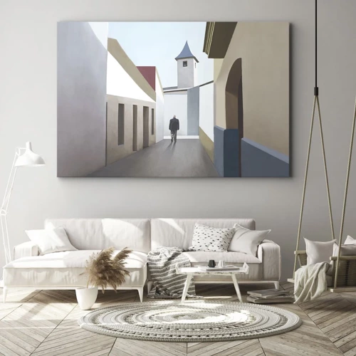 Obraz na płótnie - Słoneczny spacer - Minimalistyczna uliczka z sylwetką mężczyzny w tle - 70x50cm