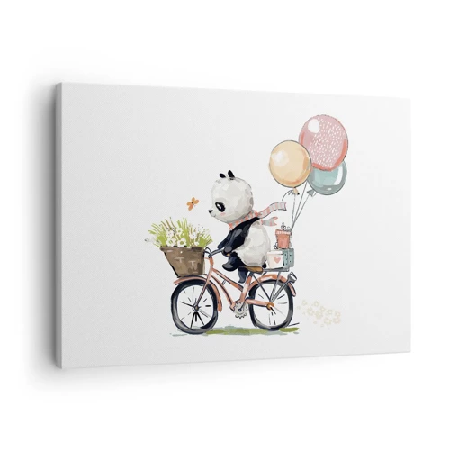 Obraz na płótnie - Szczęśliwy dzień - Panda na rowerze z balonami i kwiatami - 70x50cm