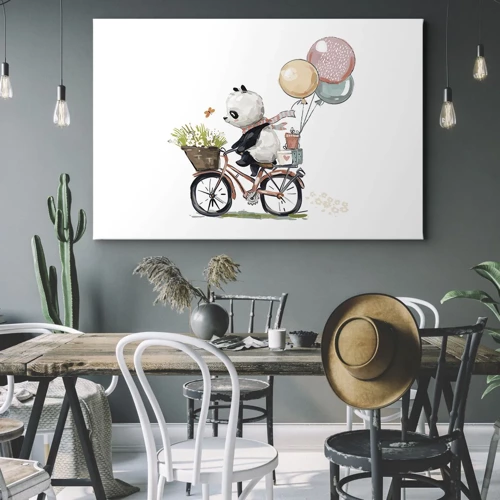 Obraz na płótnie - Szczęśliwy dzień - Panda na rowerze z balonami i kwiatami - 70x50cm