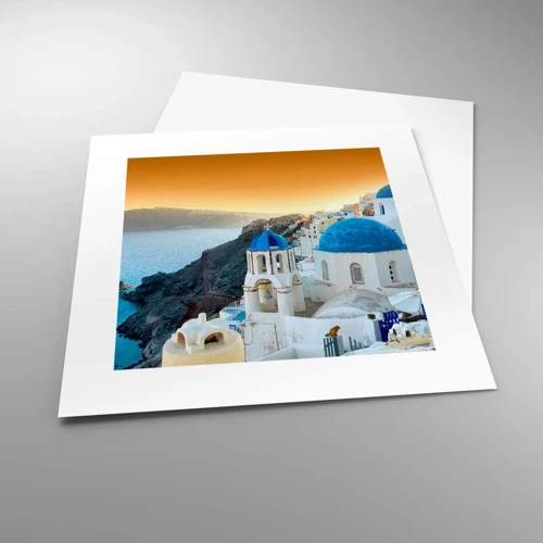 Plakat - Santorini - przytulone do skał - 30x30 cm